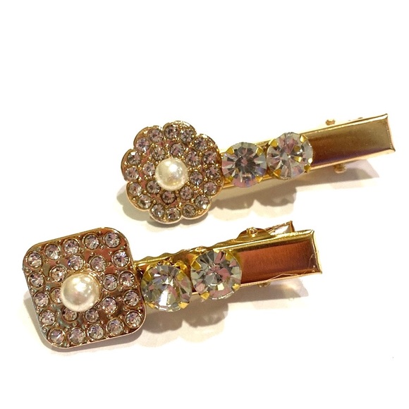 Set Of 4 Rhinestone Hair Clips Barrettes Gold Tone Updos Star Flowers - Picture 8 of 8